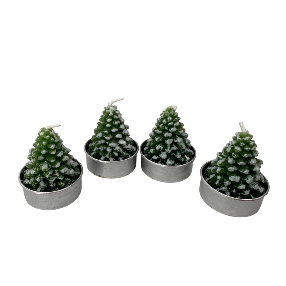 Set Of 4 Pine Tree Tea Light Candles Christmas In Snowy Green Metal Base 2"